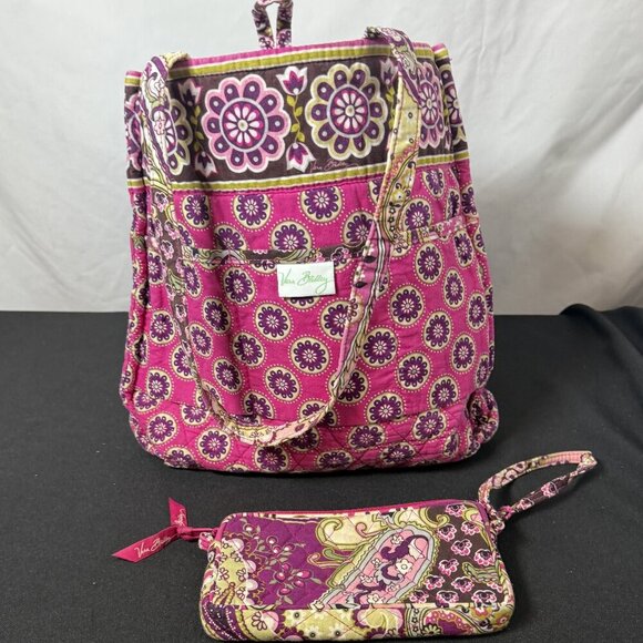vera Bradely Handbags - Vera Bradley Quilted Tote Bag Pink Purple Floral + Matching Wristlet Set